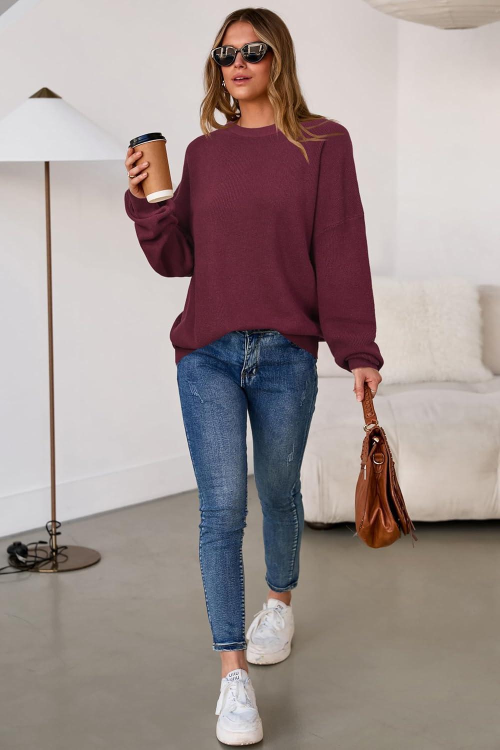 imageArachampCloz Womens Wool Blend Oversized Sweaters Crewneck Casual Outfits Fashion Spring TopsBurgundy