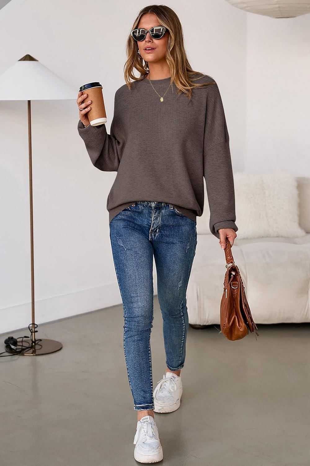 imageArachampCloz Womens Wool Blend Oversized Sweaters Crewneck Casual Outfits Fashion Spring TopsCoffee