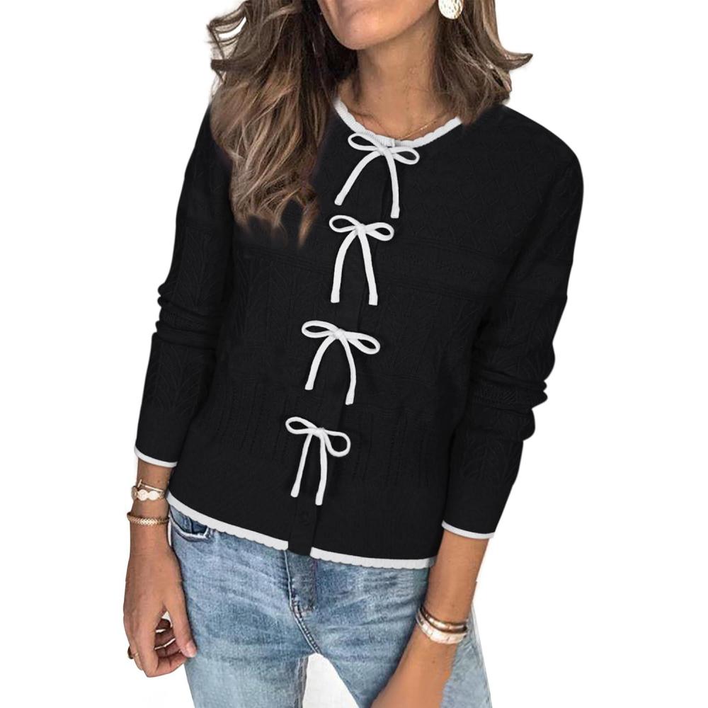 imageArachampCloz Womens Bow Sweaters Spring Color Block Casual Cardigan Sweaters 2026Blackwhite
