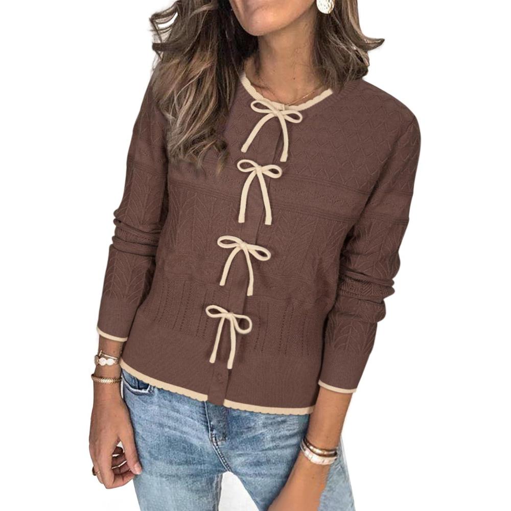 imageArachampCloz Womens Bow Sweaters Spring Color Block Casual Cardigan Sweaters 2026Coffeeapricot