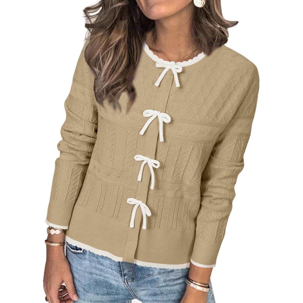 imageArachampCloz Womens Bow Sweaters Spring Color Block Casual Cardigan Sweaters 2026Khakiwhite