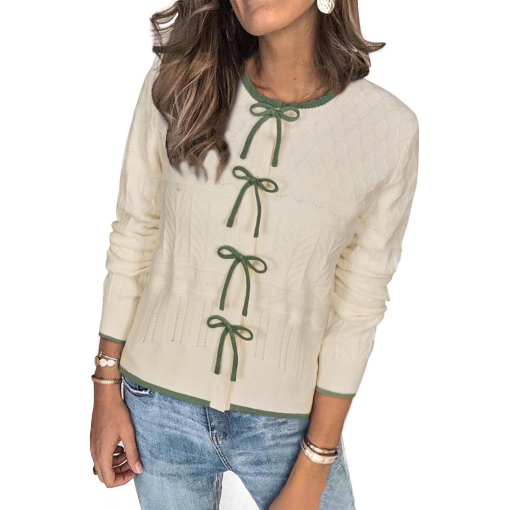 imageArachampCloz Womens Bow Sweaters Spring Color Block Casual Cardigan Sweaters 2026Offwhiteavocado Green
