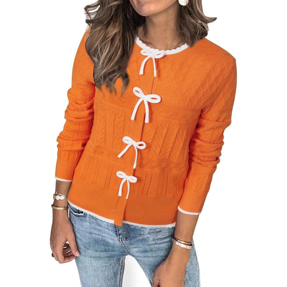 imageArachampCloz Womens Bow Sweaters Spring Color Block Casual Cardigan Sweaters 2026Orangewhite