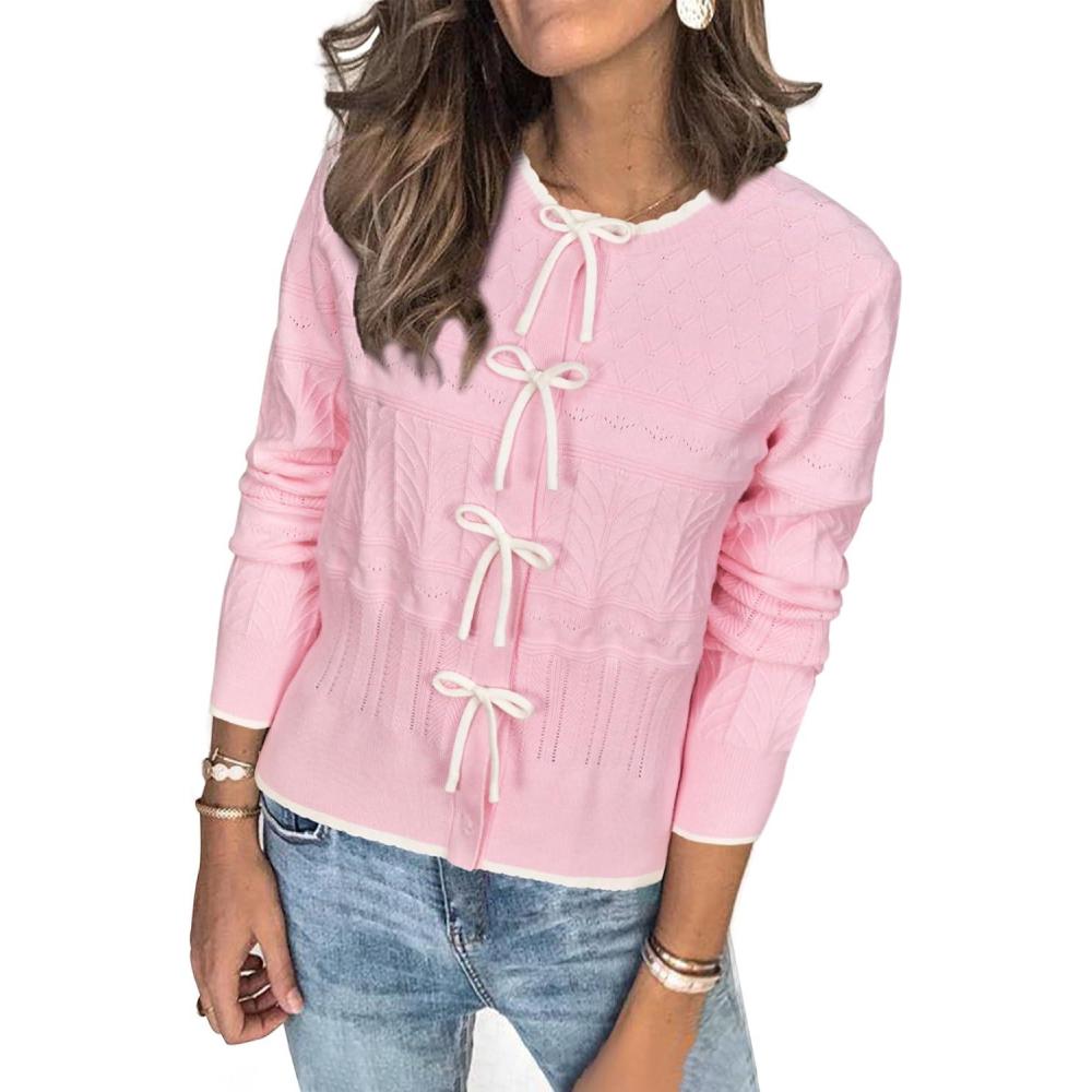 imageArachampCloz Womens Bow Sweaters Spring Color Block Casual Cardigan Sweaters 2026Pinkwhite