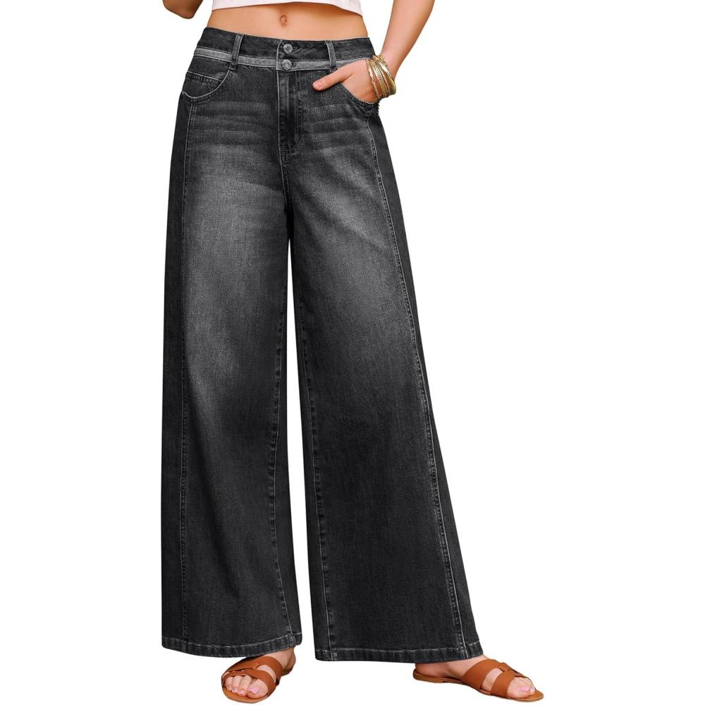imageArachampCloz Womens Cotton Contrast Waistband Wide Leg Stretchy Denim Jeans 2026Black