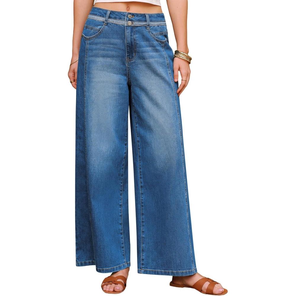imageArachampCloz Womens Cotton Contrast Waistband Wide Leg Stretchy Denim Jeans 2026Blue