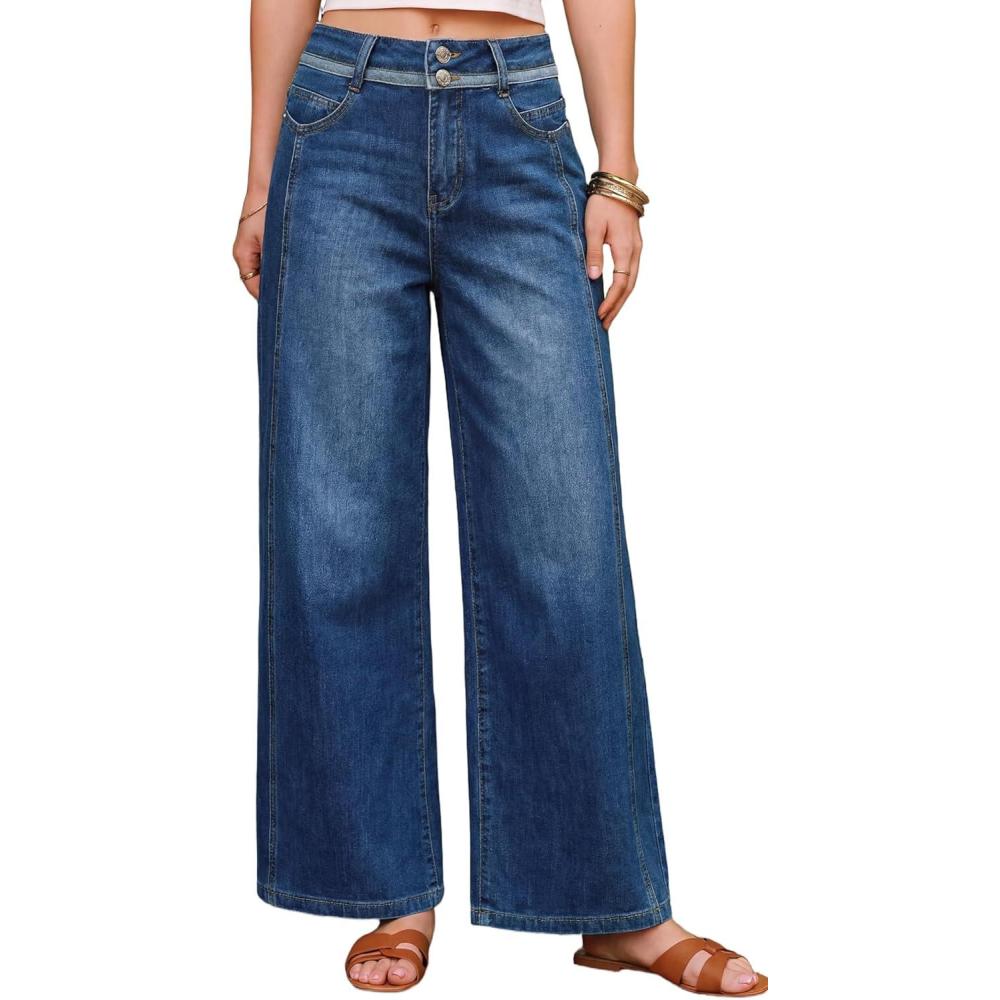 imageArachampCloz Womens Cotton Contrast Waistband Wide Leg Stretchy Denim Jeans 2026Dark Blue
