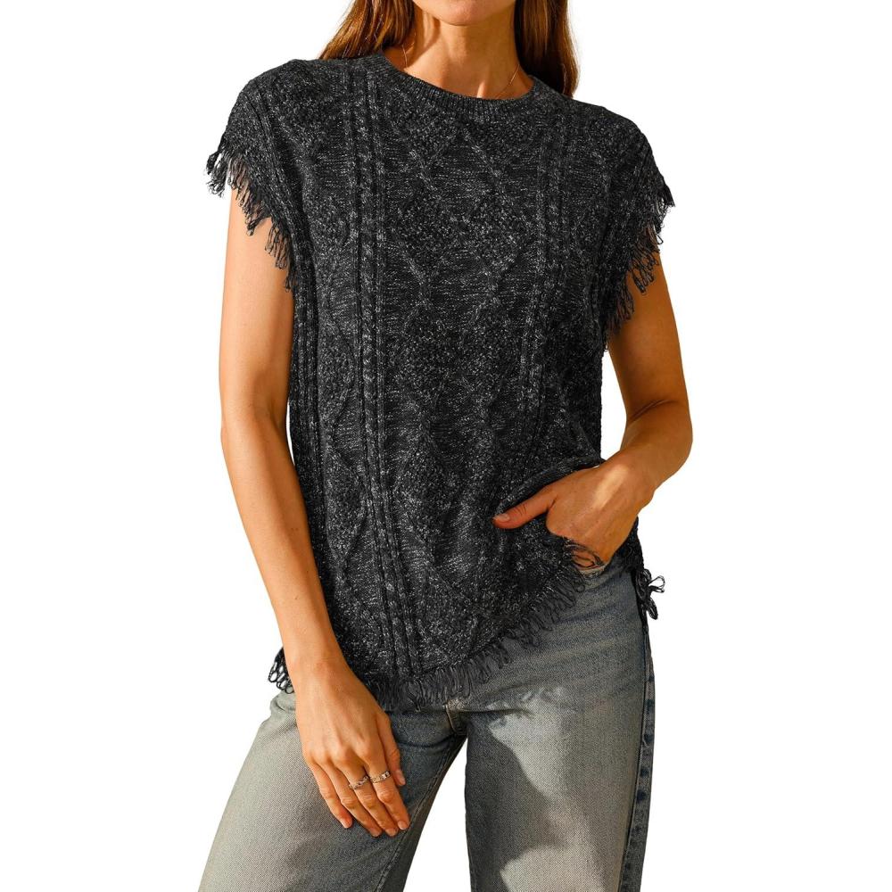 imageArachampCloz Womens Cozy Cotton Fringe Cable Knit Western Outfits Fall Sweater Vests 2025Black Heather
