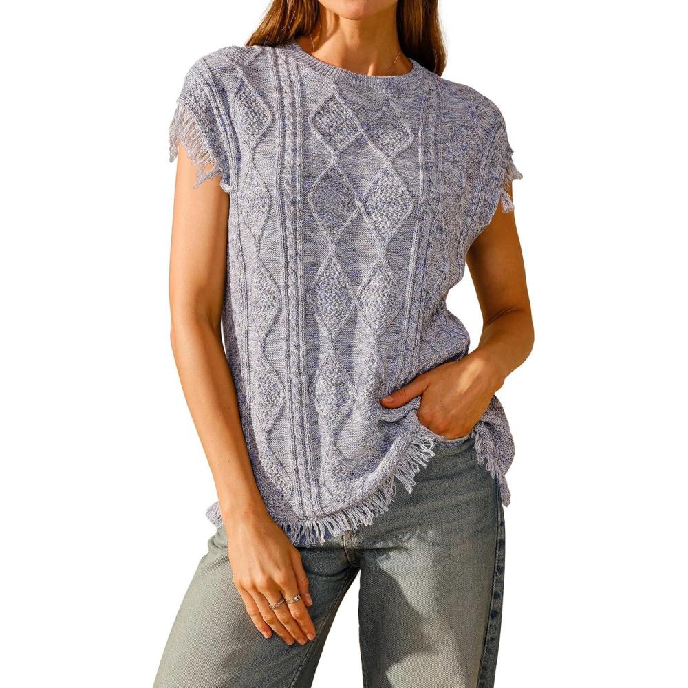 imageArachampCloz Womens Cozy Cotton Fringe Cable Knit Western Outfits Fall Sweater Vests 2025Blue Heather
