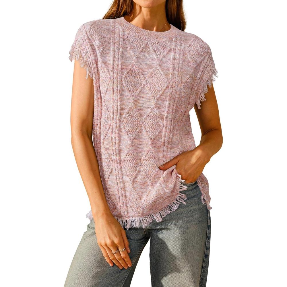 imageArachampCloz Womens Cozy Cotton Fringe Cable Knit Western Outfits Fall Sweater Vests 2025Pink Orange Heather