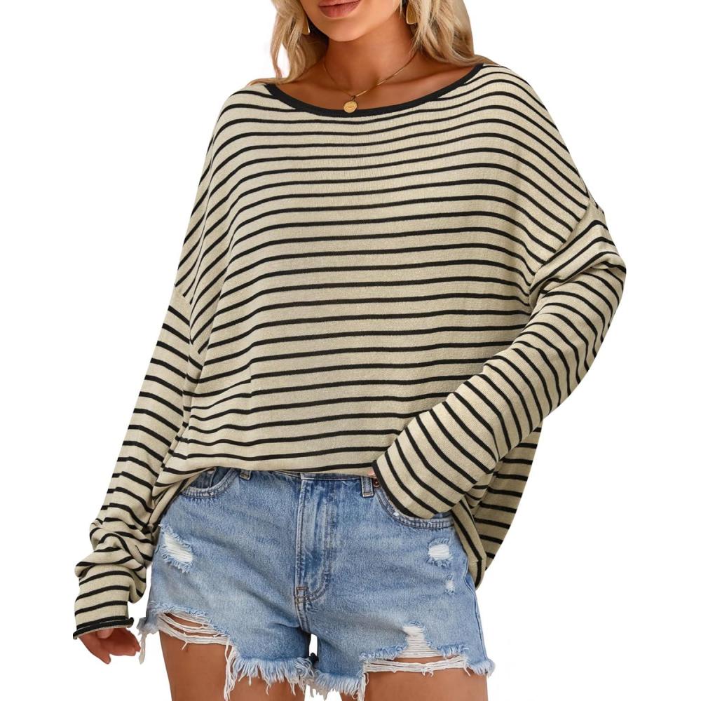 imageArachampCloz Womens Linen Blend Beach Vacation Cover Up Summer Casual Oversized Off Shoulder Tops 2026Apricot Black Stripe