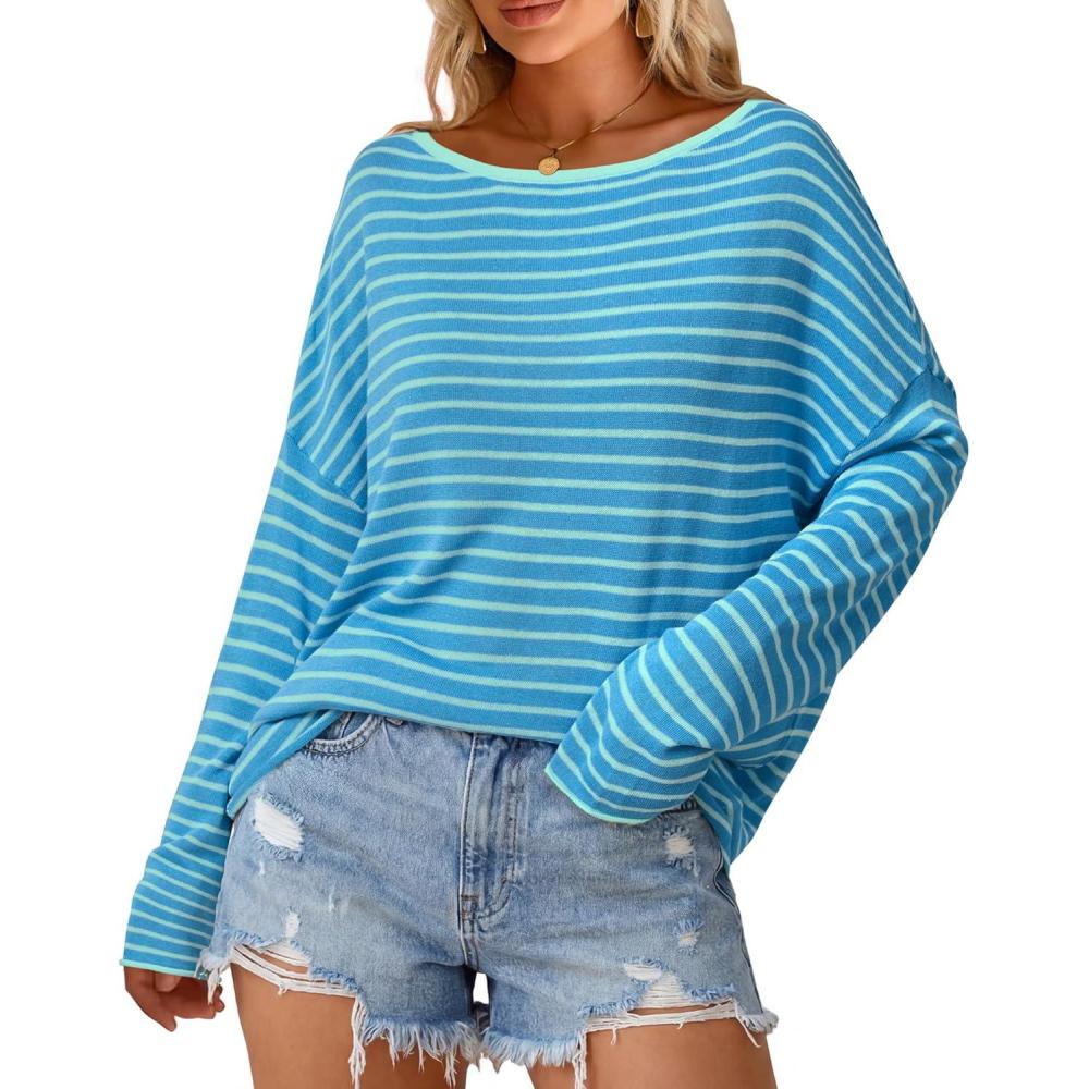 imageArachampCloz Womens Linen Blend Beach Vacation Cover Up Summer Casual Oversized Off Shoulder Tops 2026Blue Light Green Stripe