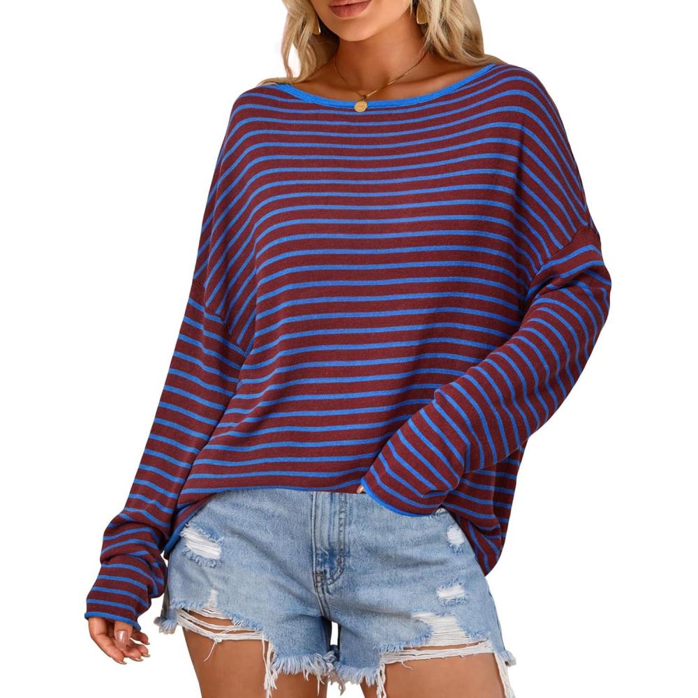 imageArachampCloz Womens Linen Blend Beach Vacation Cover Up Summer Casual Oversized Off Shoulder Tops 2026Blue Stripe
