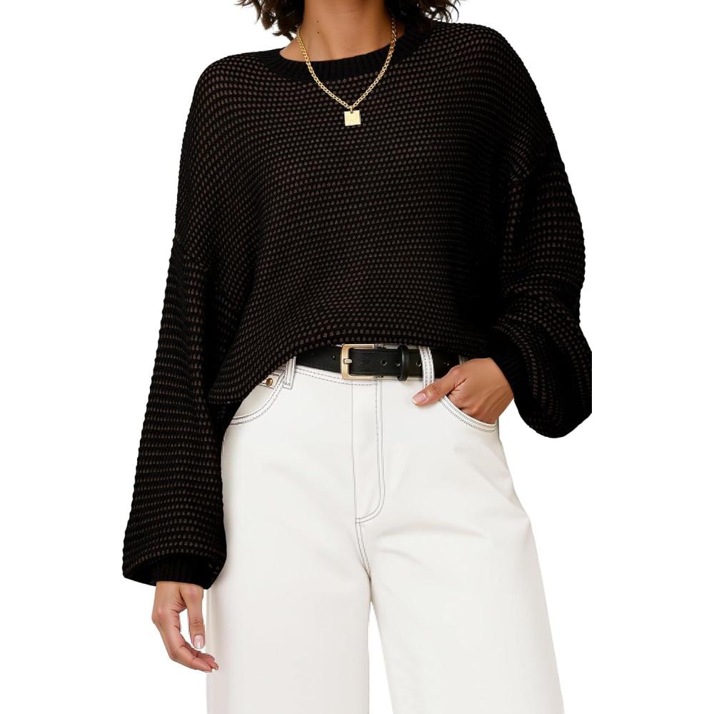 imageArachampCloz Womens Wool Blend Crewneck Fall Trendy Oversized Waffle Sweaters 2025Black