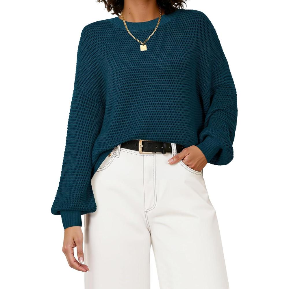 imageArachampCloz Womens Wool Blend Crewneck Fall Trendy Oversized Waffle Sweaters 2025Dark Blue