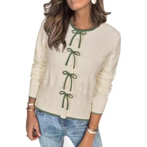 Arach&Cloz Women’s Bow Sweaters Spring Color Block Casual Cardigan Sweaters 2026(Off-white-avocado Green)