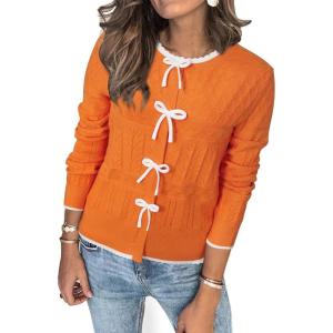 Arach&Cloz Women’s Bow Sweaters Spring Color Block Casual Cardigan Sweaters 2026(Orange-white)