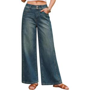Arach&Cloz Women’s Cotton Contrast Waistband Wide Leg Stretchy Denim Jeans 2026(Retro Blue)