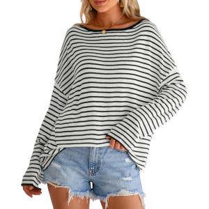 Arach&Cloz Women’s Linen Blend Beach Vacation Cover Up Summer Casual Oversized Off Shoulder Tops 2026(White Black Stripe)