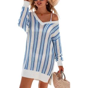 Arach&Cloz Women’s Linen Blend Summer Swim Suit Cover Up V Neck Crochet Dress Striped Beach Vacation Outfits 2026(Blue Stripe)
