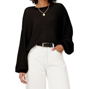 Arach&Cloz Women’s Wool Blend Crewneck Fall Trendy Oversized Waffle Sweaters 2025(Black)
