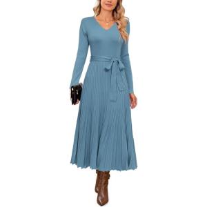 Arach&Cloz Women’s Wool Blend Tie Waist Pleated Fall Sweater Dress 2025