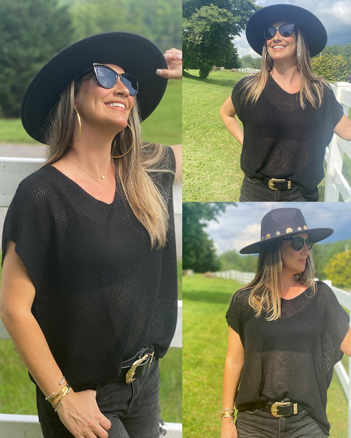 imageArachampCloz Women Crochet Tops 2025 Summer Wool Blended Sweater Vest Short Sleeve Fashion Outfits Oversized CoverupBlack