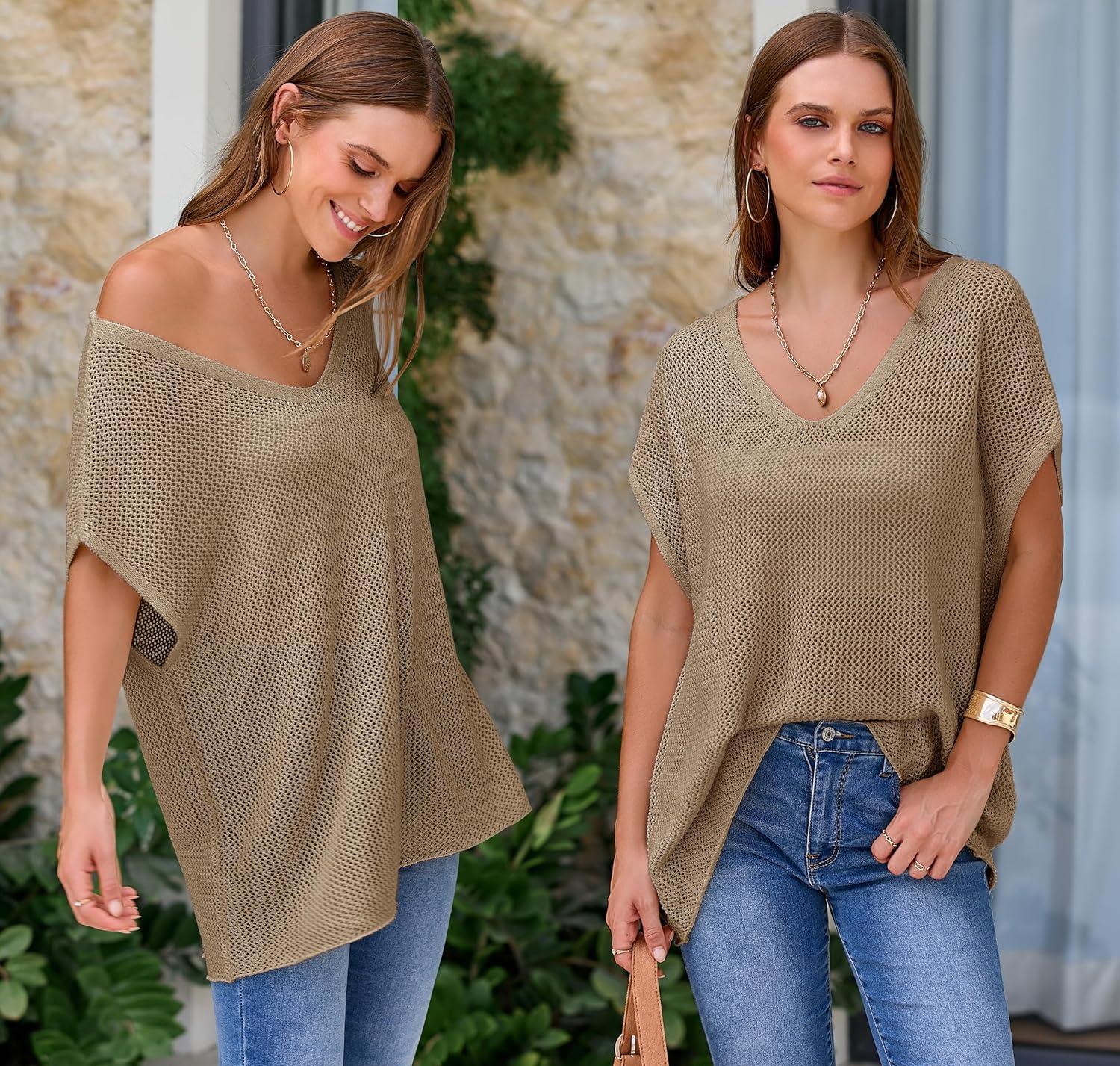 imageArachampCloz Women Crochet Tops 2025 Summer Wool Blended Sweater Vest Short Sleeve Fashion Outfits Oversized CoverupCamel
