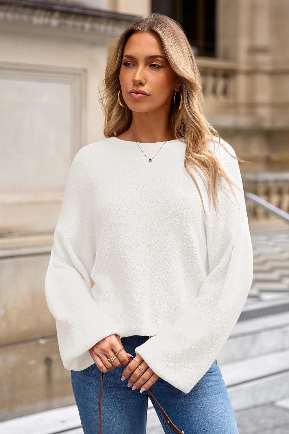 imageArachampCloz Women Wool Bend Soft Warm Fuzzy Loose Fit Fall Sweater 2025White