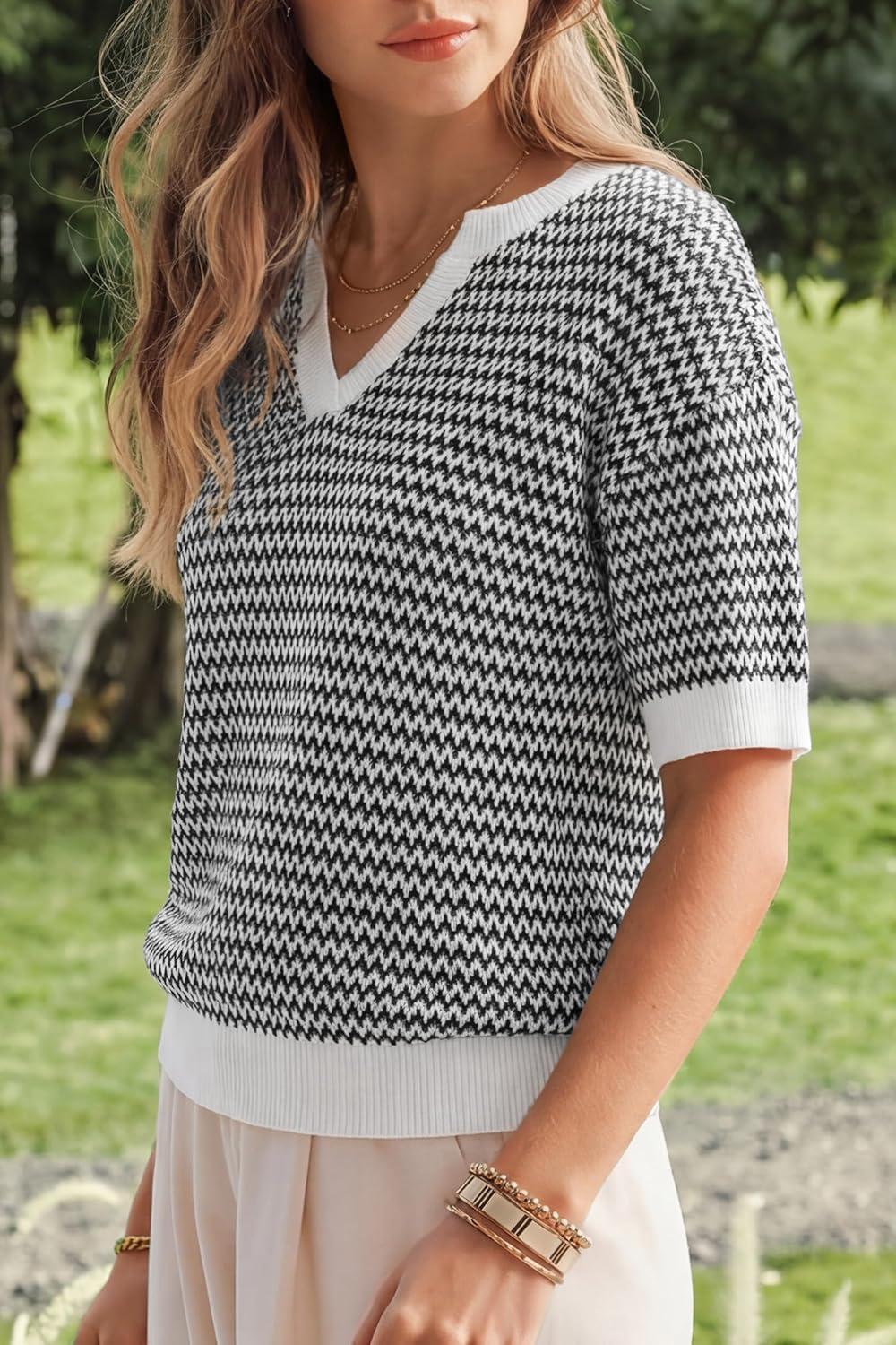 imageArachampCloz Womens 100 Cotton Polo V Neck Striped Short Sleeve Spring Casual Pullover Sweaters 2026Black