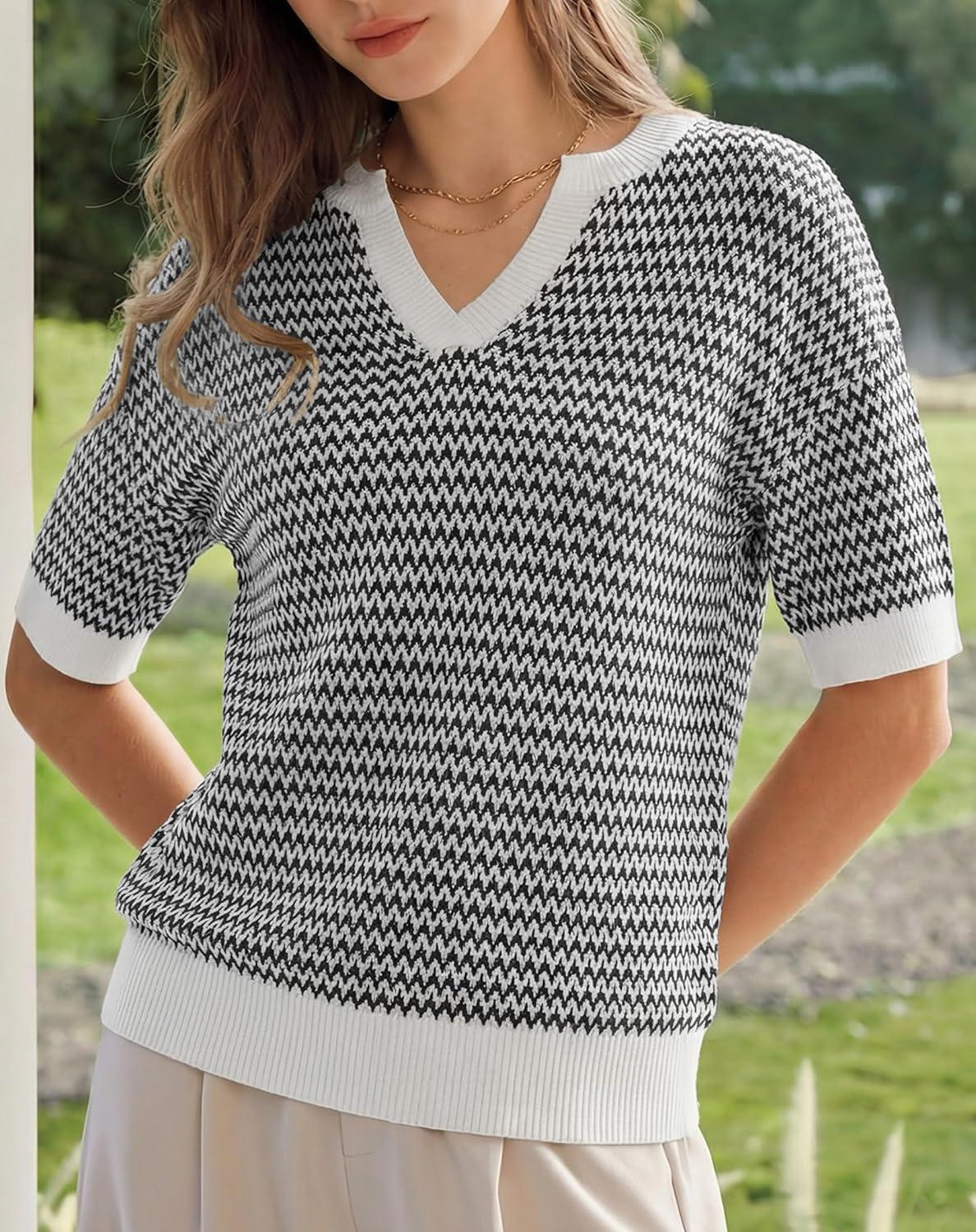 imageArachampCloz Womens 100 Cotton Polo V Neck Striped Short Sleeve Spring Casual Pullover Sweaters 2026Black
