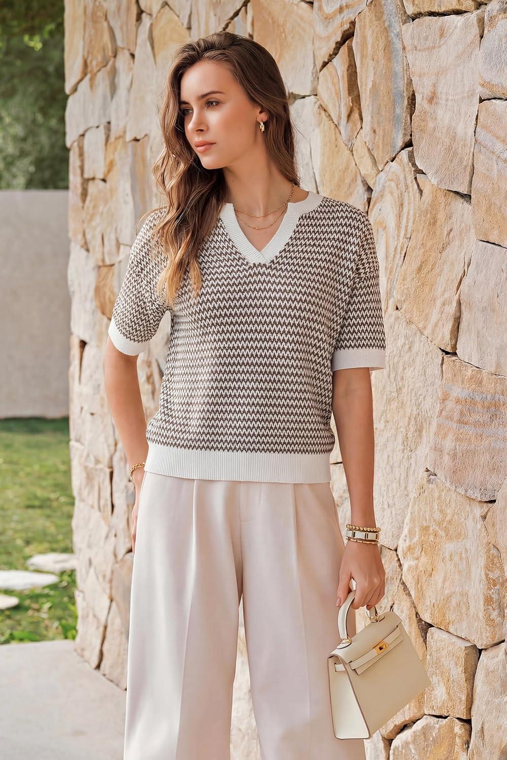 imageArachampCloz Womens 100 Cotton Polo V Neck Striped Short Sleeve Spring Casual Pullover Sweaters 2026Brown