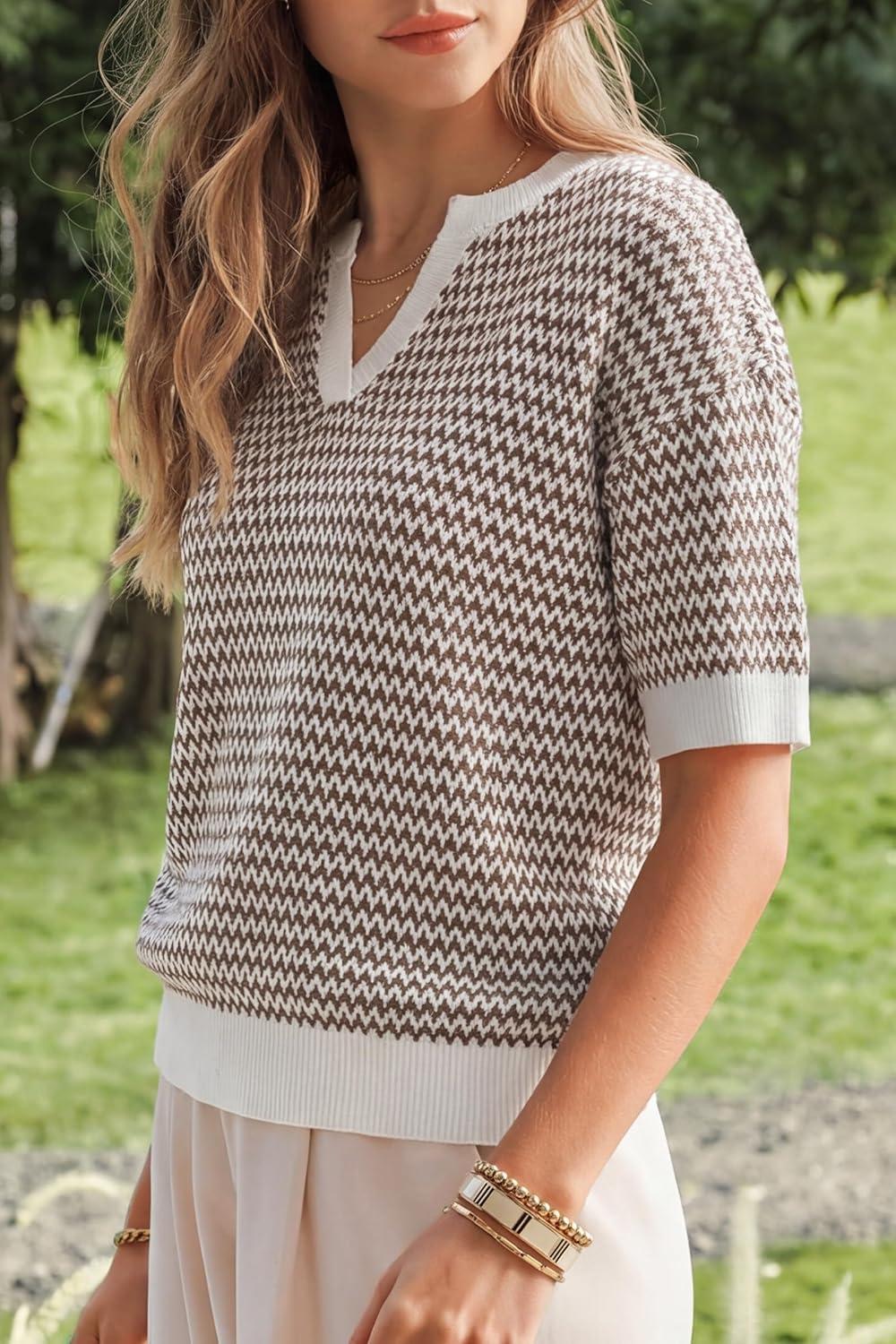 imageArachampCloz Womens 100 Cotton Polo V Neck Striped Short Sleeve Spring Casual Pullover Sweaters 2026Brown