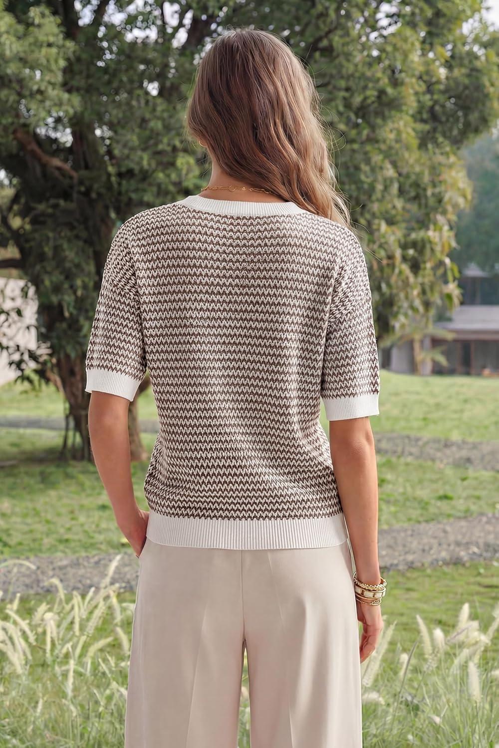 imageArachampCloz Womens 100 Cotton Polo V Neck Striped Short Sleeve Spring Casual Pullover Sweaters 2026Brown