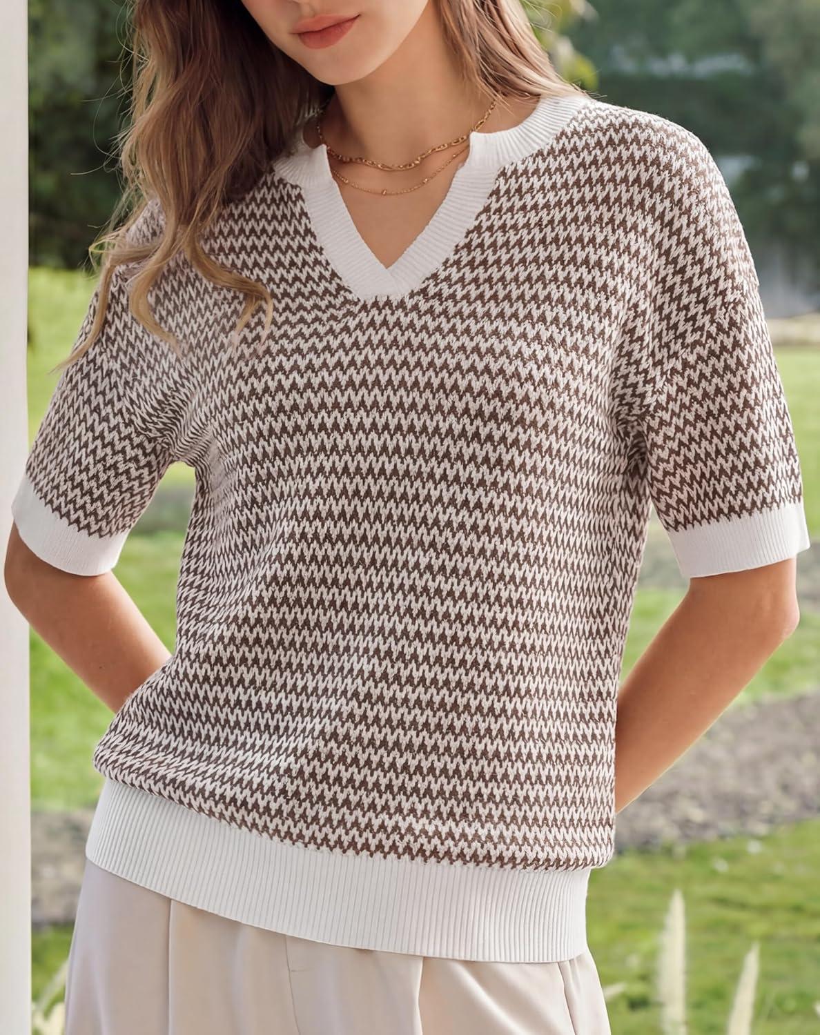 imageArachampCloz Womens 100 Cotton Polo V Neck Striped Short Sleeve Spring Casual Pullover Sweaters 2026Brown