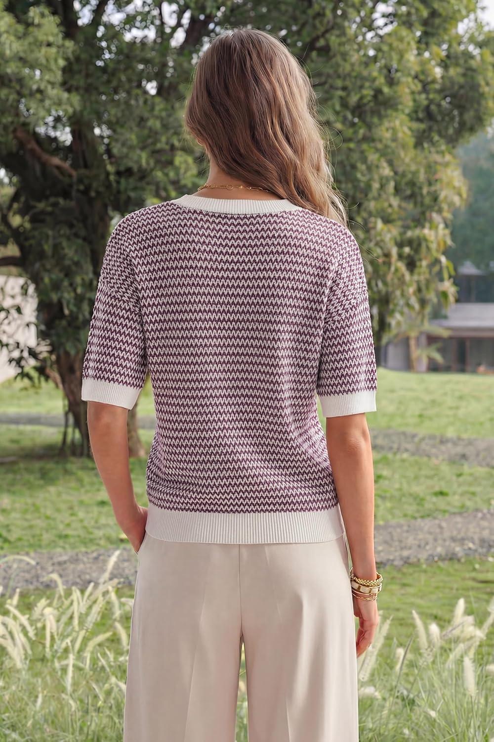 imageArachampCloz Womens 100 Cotton Polo V Neck Striped Short Sleeve Spring Casual Pullover Sweaters 2026Dark Red