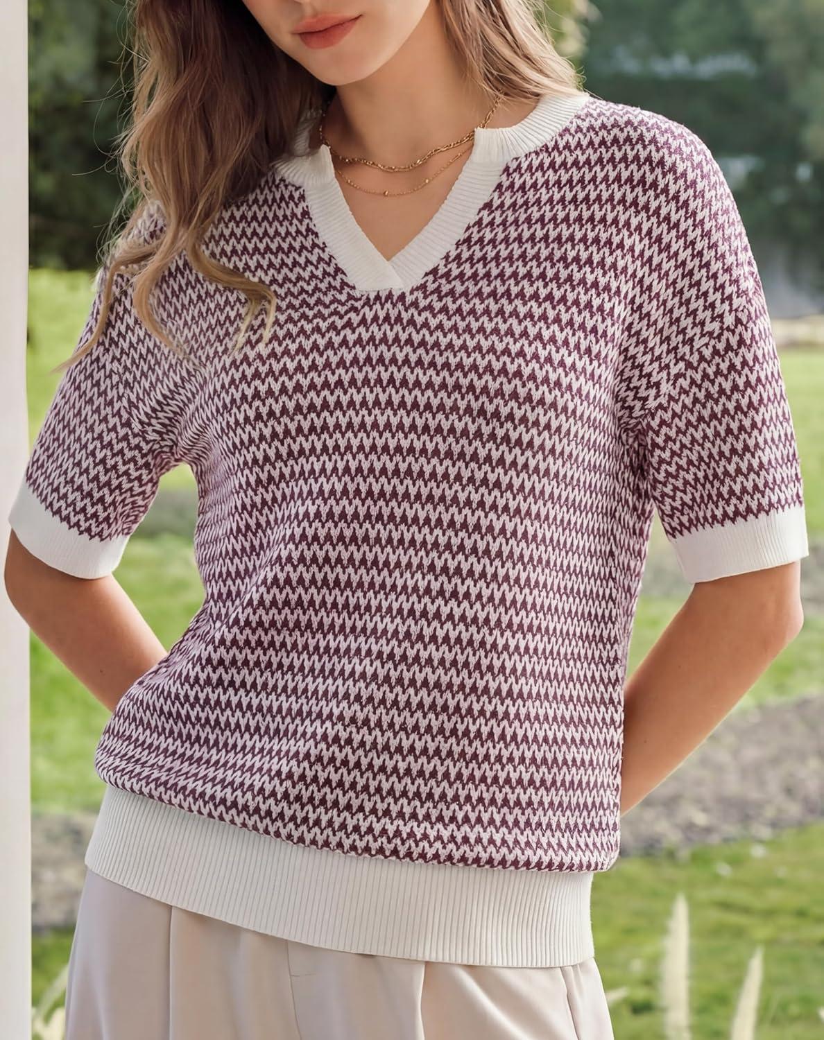 imageArachampCloz Womens 100 Cotton Polo V Neck Striped Short Sleeve Spring Casual Pullover Sweaters 2026Dark Red