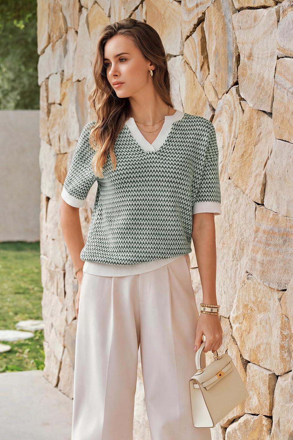 imageArachampCloz Womens 100 Cotton Polo V Neck Striped Short Sleeve Spring Casual Pullover Sweaters 2026Green