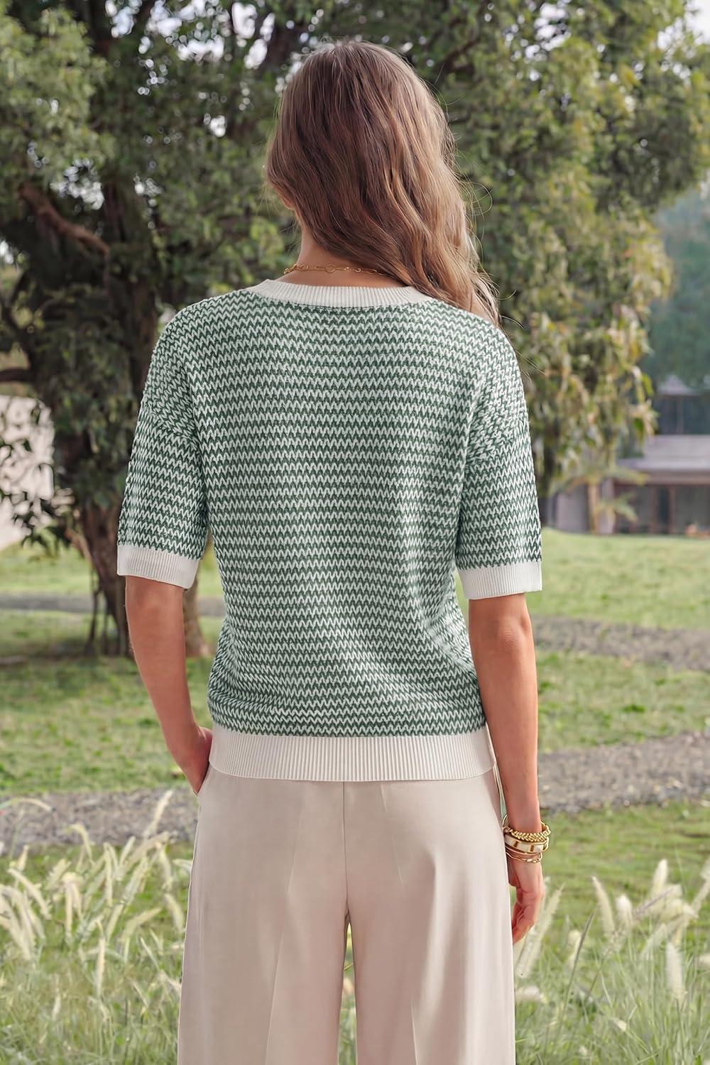 imageArachampCloz Womens 100 Cotton Polo V Neck Striped Short Sleeve Spring Casual Pullover Sweaters 2026Green