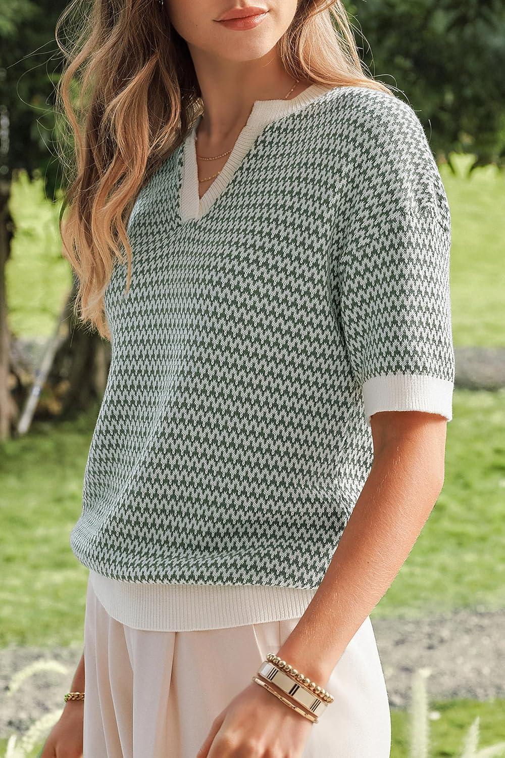 imageArachampCloz Womens 100 Cotton Polo V Neck Striped Short Sleeve Spring Casual Pullover Sweaters 2026Green