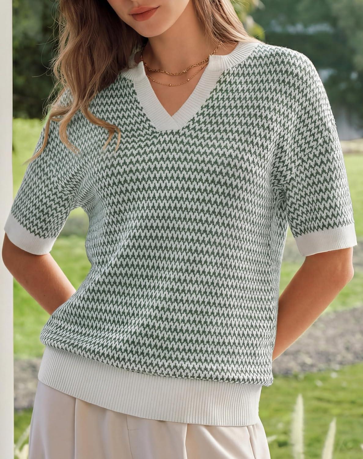 imageArachampCloz Womens 100 Cotton Polo V Neck Striped Short Sleeve Spring Casual Pullover Sweaters 2026Green
