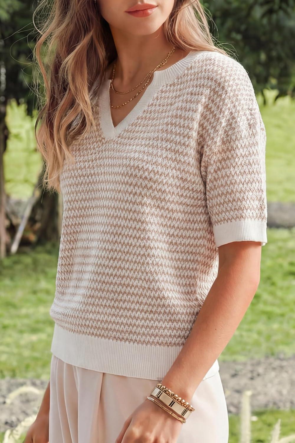 imageArachampCloz Womens 100 Cotton Polo V Neck Striped Short Sleeve Spring Casual Pullover Sweaters 2026Khaki