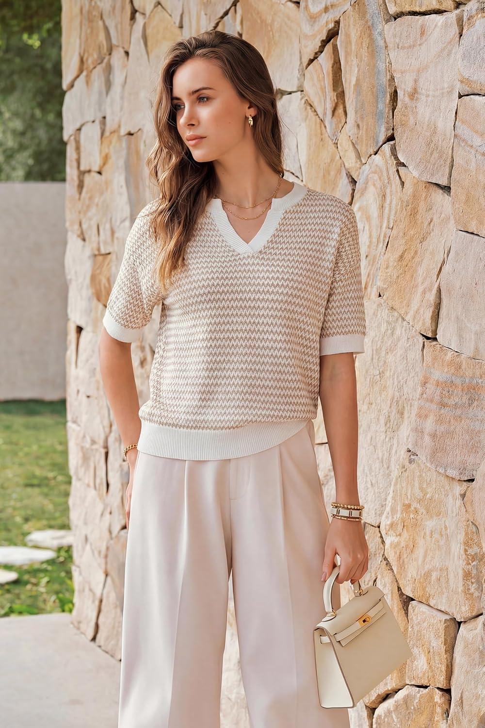 imageArachampCloz Womens 100 Cotton Polo V Neck Striped Short Sleeve Spring Casual Pullover Sweaters 2026Khaki