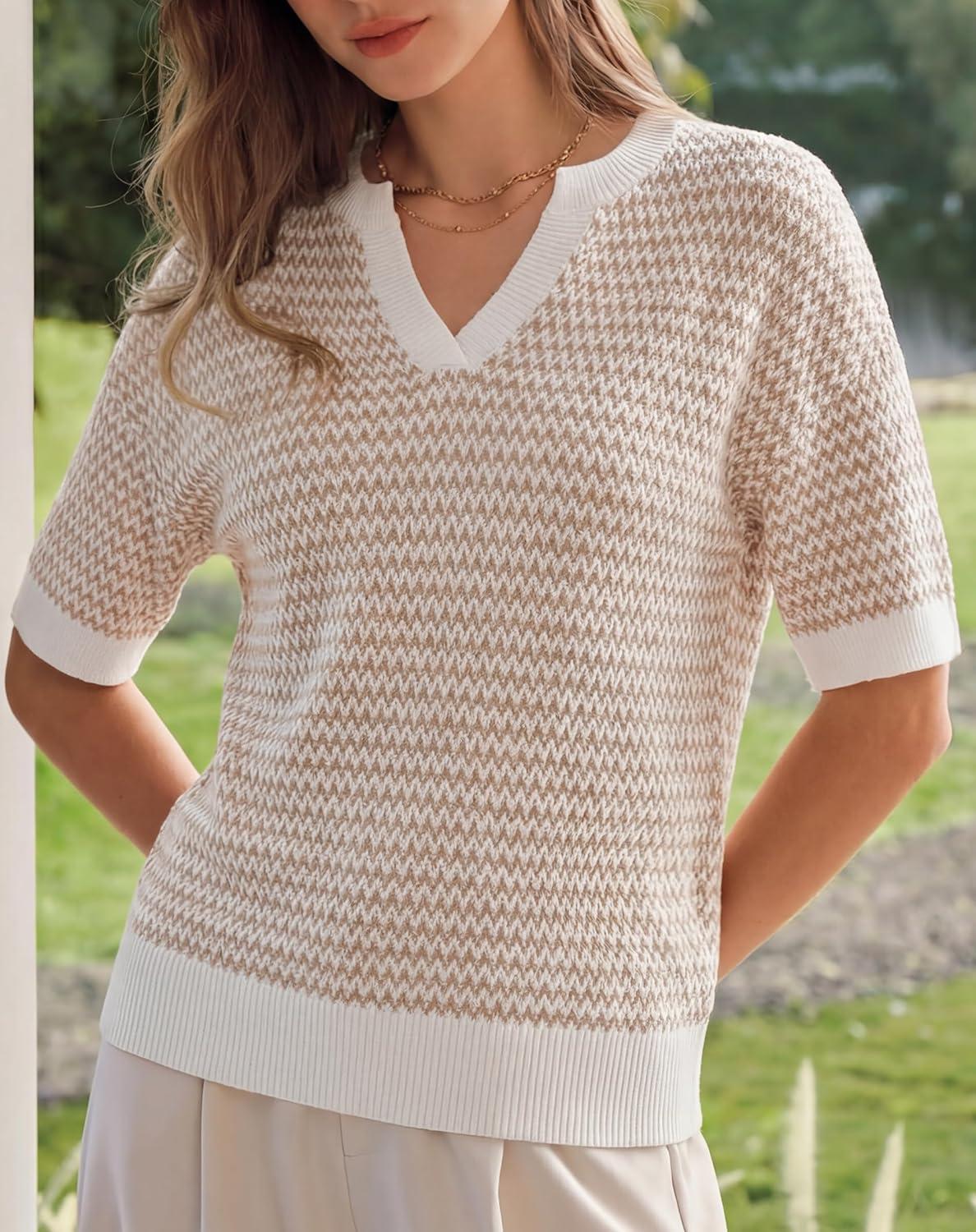 imageArachampCloz Womens 100 Cotton Polo V Neck Striped Short Sleeve Spring Casual Pullover Sweaters 2026Khaki