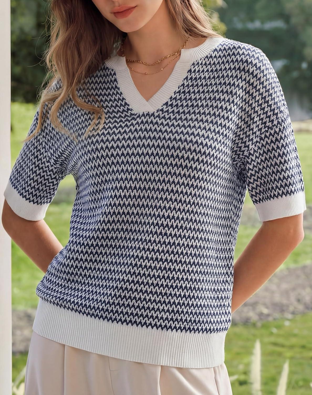 imageArachampCloz Womens 100 Cotton Polo V Neck Striped Short Sleeve Spring Casual Pullover Sweaters 2026Navy