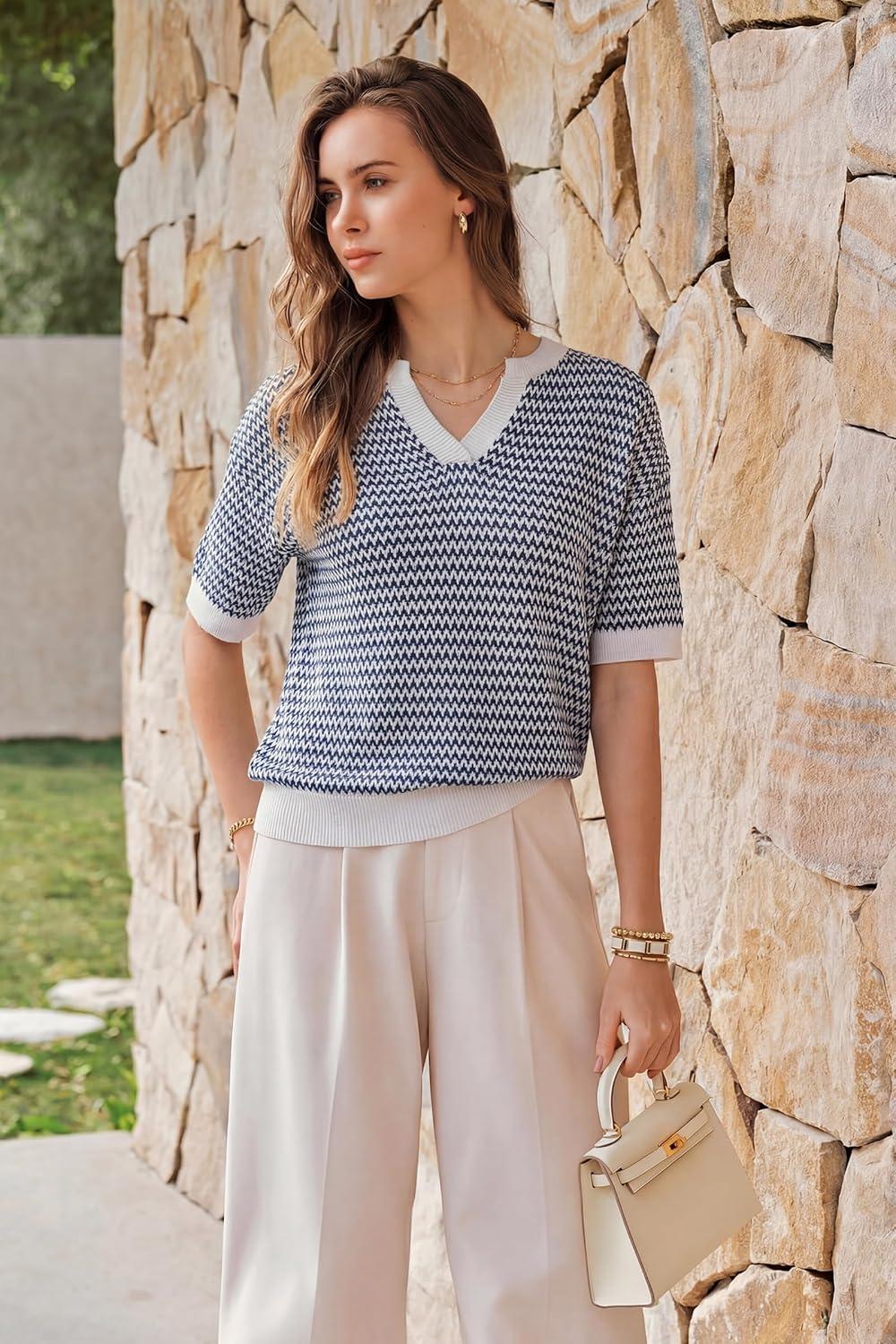 imageArachampCloz Womens 100 Cotton Polo V Neck Striped Short Sleeve Spring Casual Pullover Sweaters 2026Navy