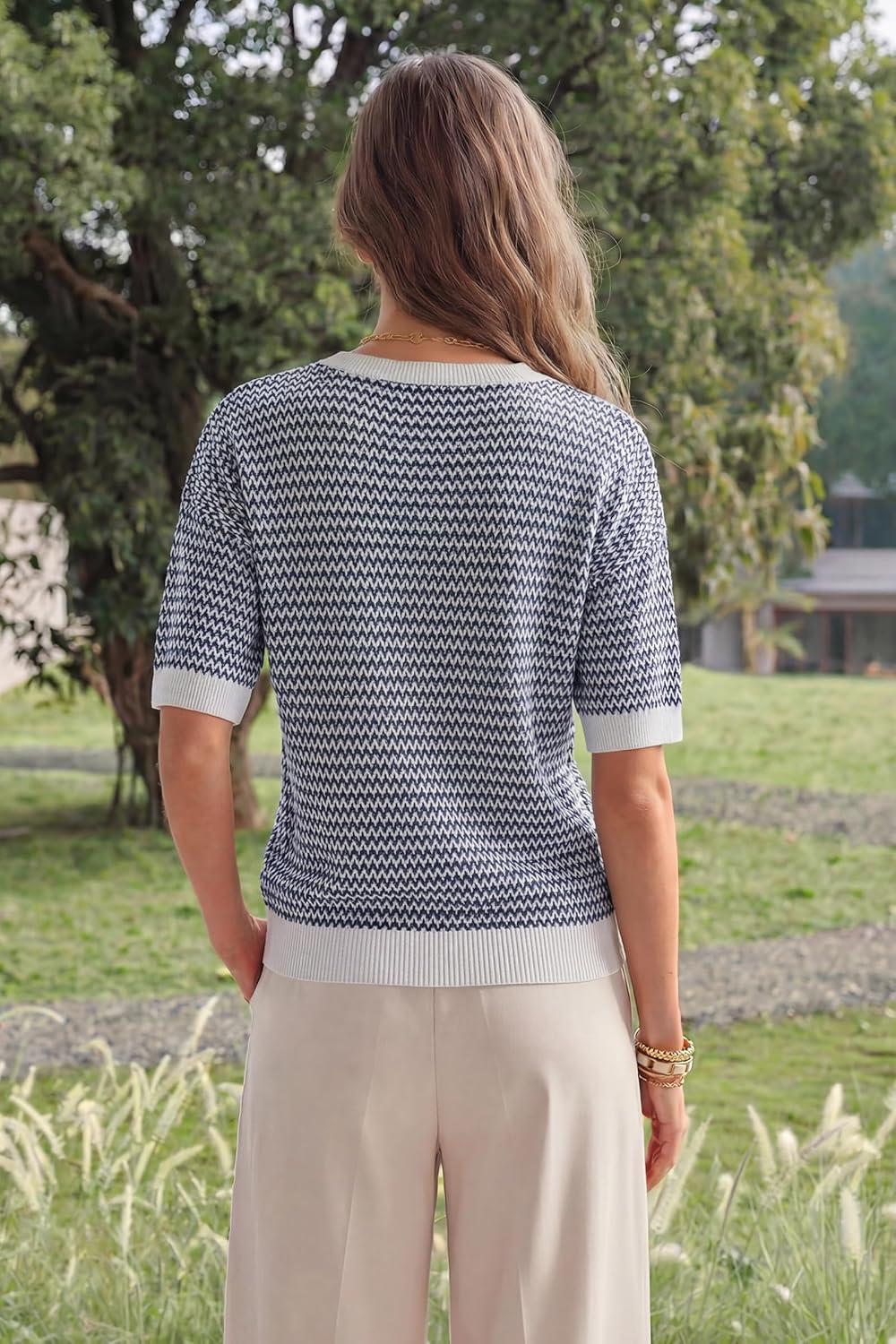 imageArachampCloz Womens 100 Cotton Polo V Neck Striped Short Sleeve Spring Casual Pullover Sweaters 2026Navy