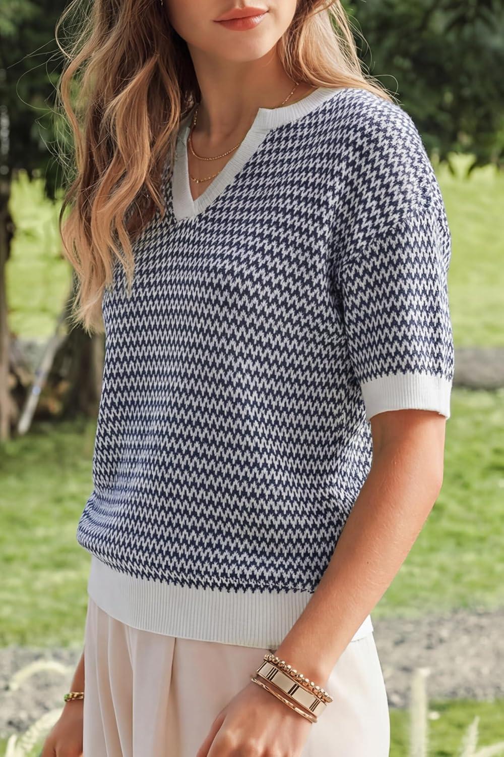 imageArachampCloz Womens 100 Cotton Polo V Neck Striped Short Sleeve Spring Casual Pullover Sweaters 2026Navy
