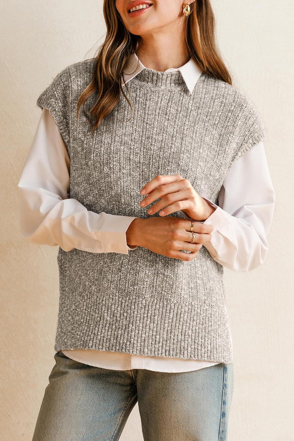 imageArachampCloz Womens Cotton Blend Cap Sleeve Side Slit Sweater Vest Fall Casual Tops 2025Khaki Grey