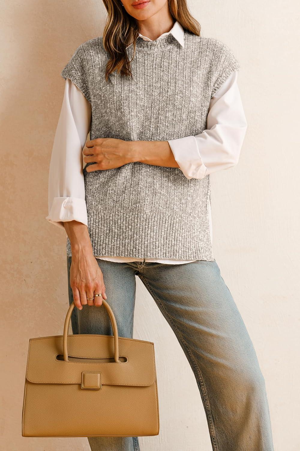 imageArachampCloz Womens Cotton Blend Cap Sleeve Side Slit Sweater Vest Fall Casual Tops 2025Khaki Grey